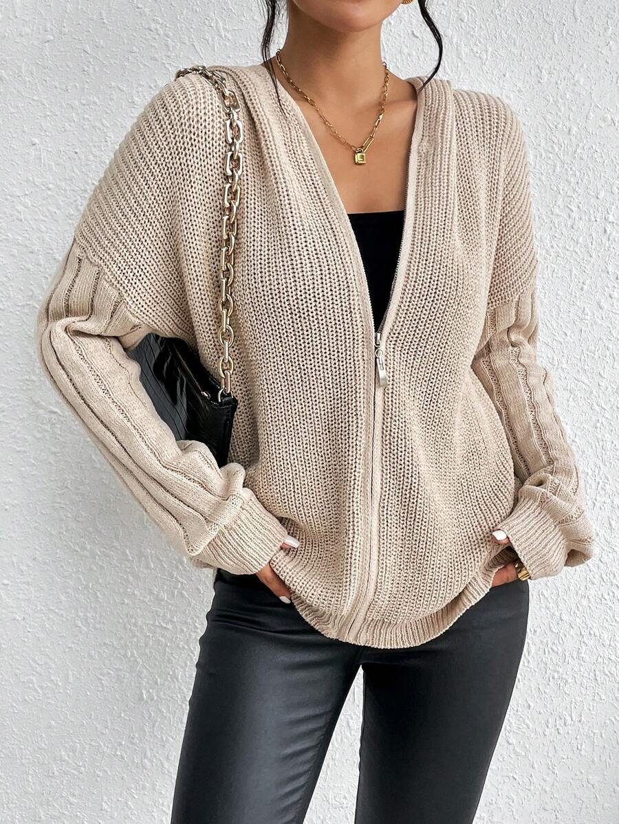 SHEIN Essnce Dây kéo Thả vai áo có mũ Áo len Mở - Màu be - Xem 1