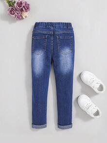 SHEIN 年輕女孩破洞磨邊漂白洗牛仔褲 - 深色水洗藍 - 查看 2