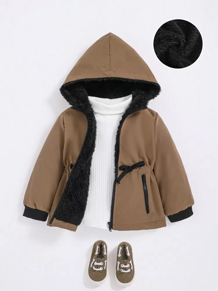 Baby Boy Drawstring Waist Teddy Lined Hooded Coat Without Sweater