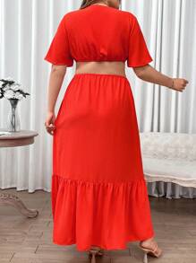 Breezaya Plus Plunging Neck Cut Out Waist Split Thigh Dress
