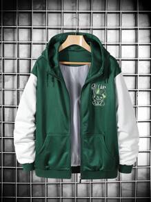 Manfinity Homme 男士卡通圖案顏色積木下肩連帽oversize夾克 - 綠色 - 查看 2