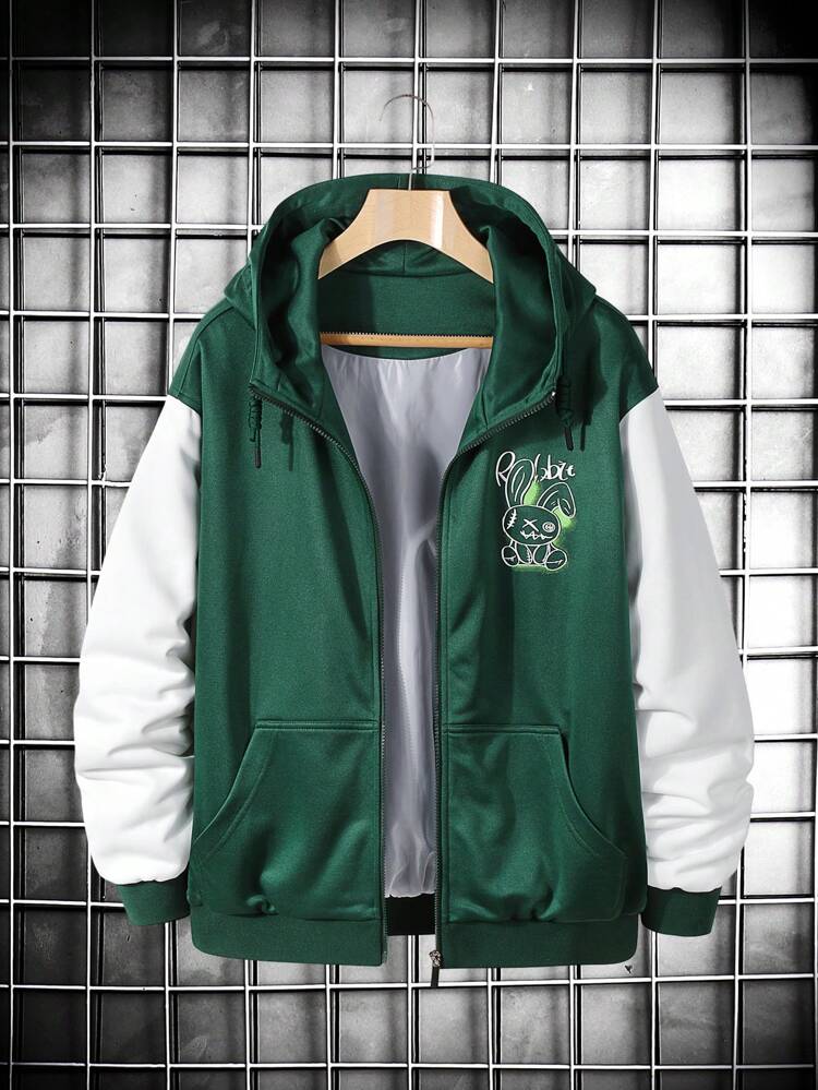 Men Cartoon Graphic Colorblock Drop Shoulder Hooded Oversize Jacket