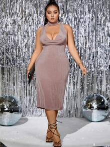 SHEIN Unity Talla grande Vestido ajustado con fruncido delantero de espalda abierta con cordón de cuello halter - Champán - Ver 5