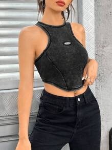 SHEIN Coolane 字母補丁細節弧形下擺背心上衣 - 黑色 - 查看 1