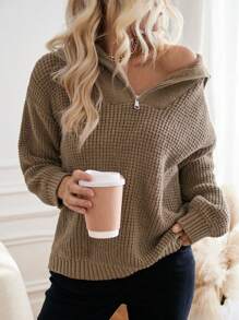 SHEIN LUNE Half Zip Drop Shoulder Sweater - Khaki - View 5