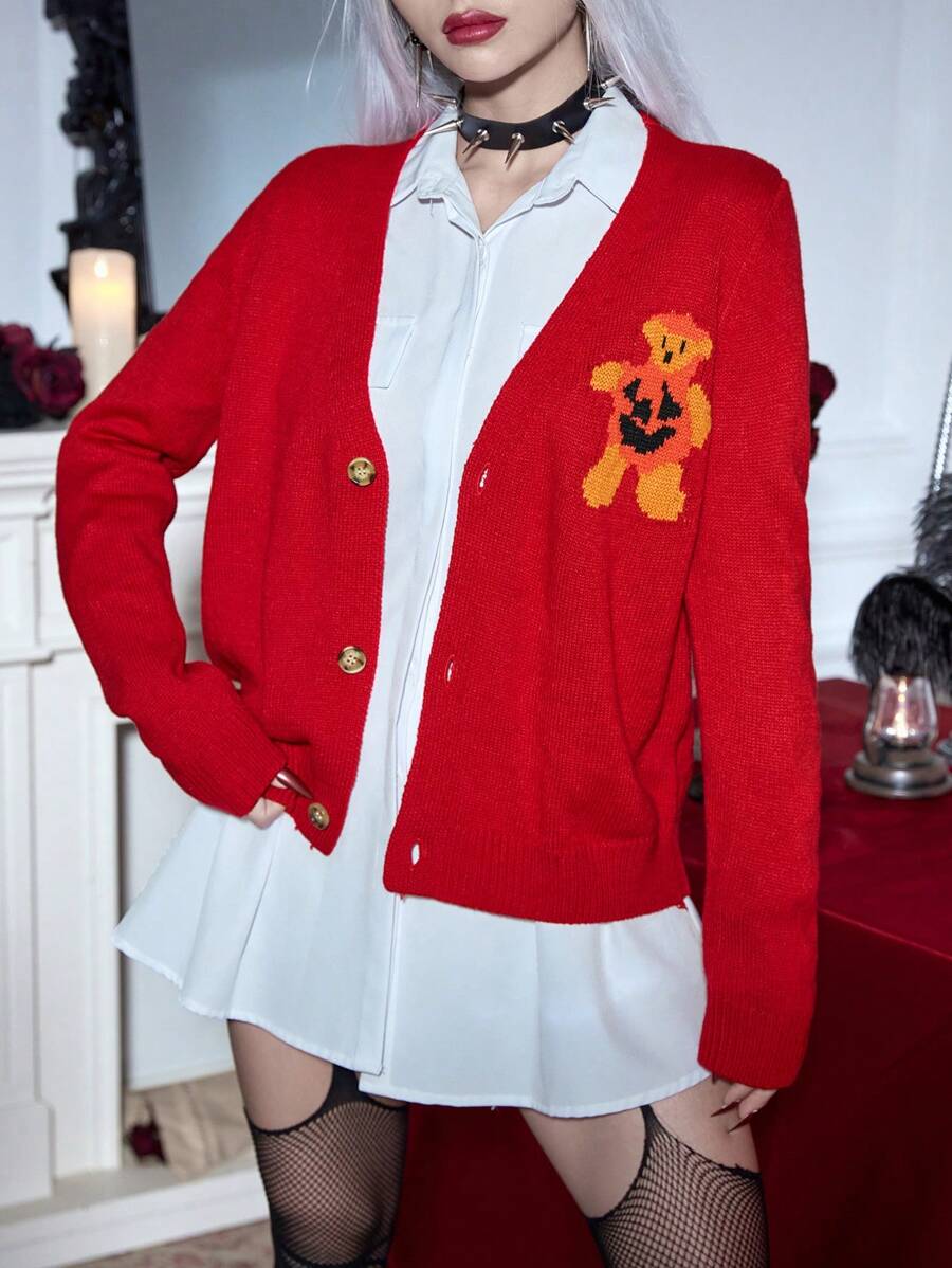 SHEIN Unity Họa tiết gấu Nút phía trước Áo len Mở - Đỏ - Xem 1