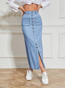 SHEIN Essnce 前紐扣牛仔半身裙 - 淺色水洗藍 - 查看 1
