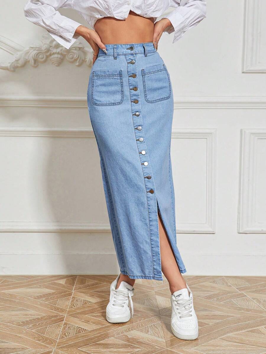 SHEIN Essnce 前紐扣牛仔半身裙 - 淺色水洗藍 - 查看 1