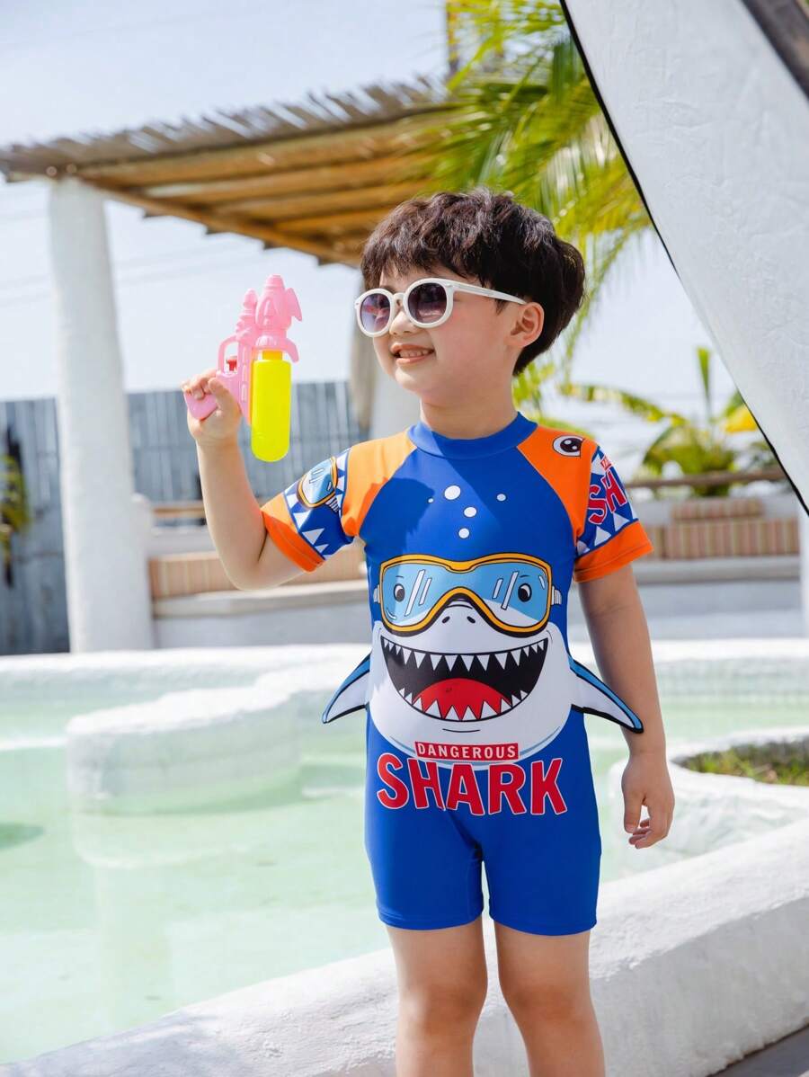 Young Boy Cartoon Graphic Raglan Sleeve One Piece Swimsuit - Royal Blue - View 1