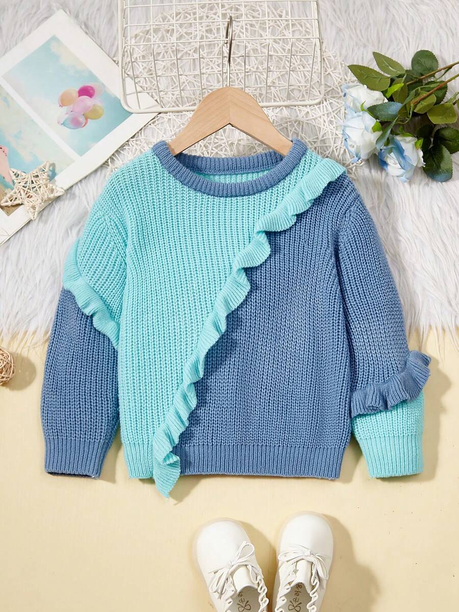 Young Girl Two Tone Ruffle Trim Sweater - Multicolor - View 1