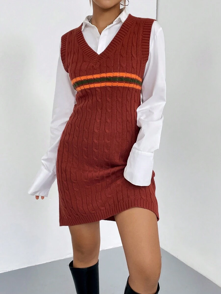 SHEIN Qutie Striped Pattern Cable Knit Sweater Dress Without Blouse - Burgundy - View 1