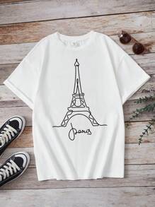 青少女簡約字母印花短袖t恤,適合夏季 - 白色 - 查看 1