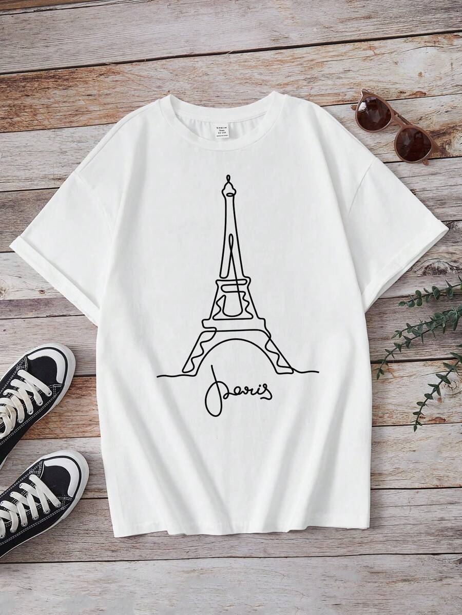 青少女簡約字母印花短袖t恤,適合夏季 - 白色 - 查看 1