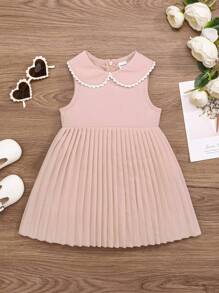 SHEIN 女嬰彼得潘領蕾絲細節百褶下擺洋裝 - 粉色 - 查看 1