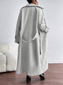 SHEIN Essnce 插肩袖腰帶花呢外套 - 灰色 - 查看 2