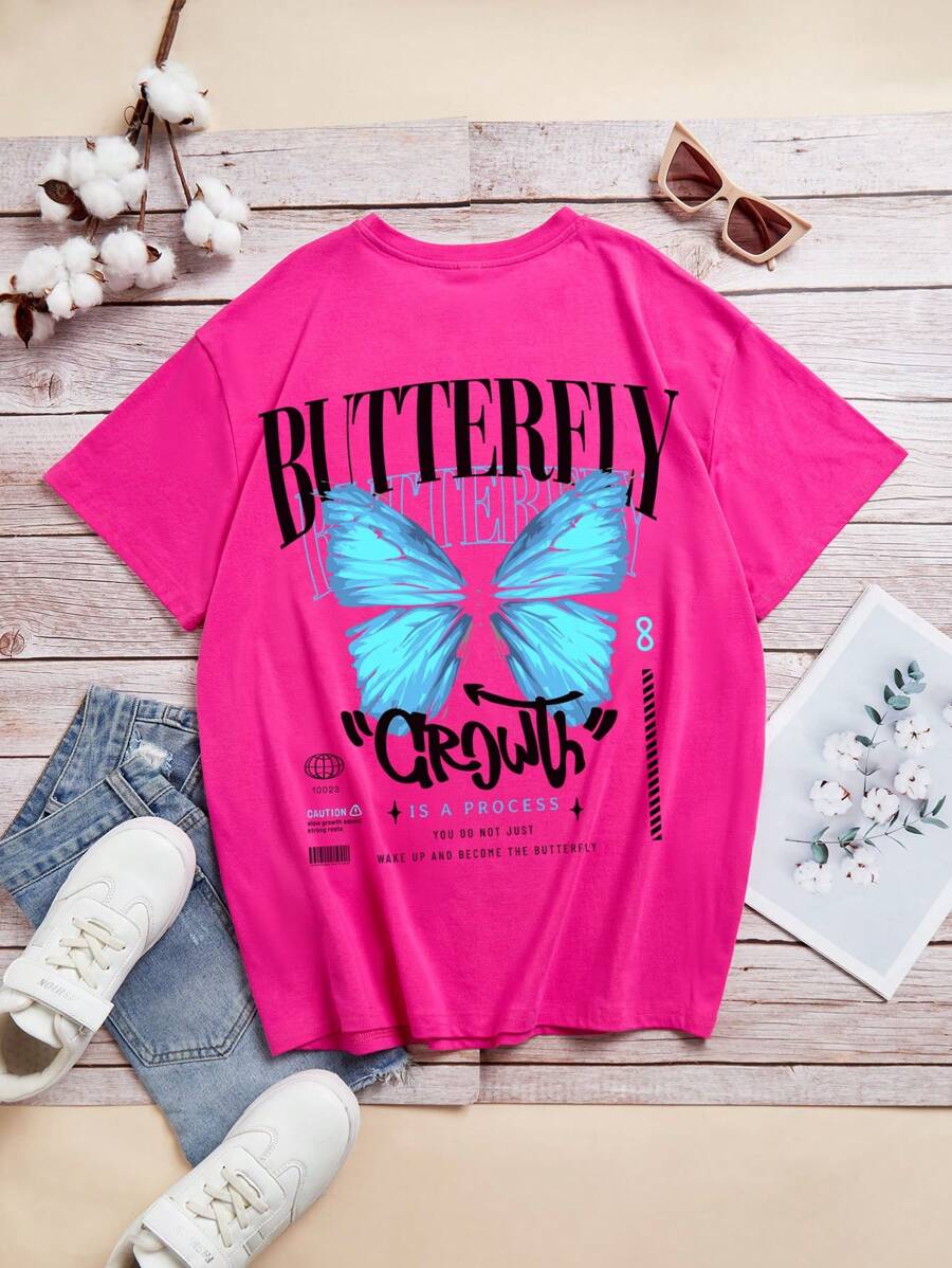 Teen Girls Slogan & Butterfly Print Tee - Hot Pink - View 1