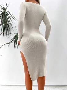 EURMUSE Sweetheart Neck Split Thigh Jumper Dress - Apricot - View 2