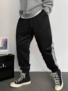 Manfinity Homme 男士拼接面腰部抽繩衛褲 - 黑色 - 查看 3