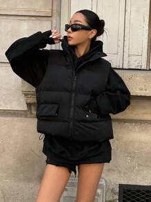 DAZY Solid Flap Pocket Padded Thick Pockets Vest, Women Winter Coat Jacket - Black - View 6