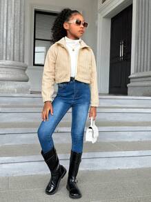 SHEIN Tween Girl Zip Up Drop Shoulder Corduroy Jacket - Beige - View 4