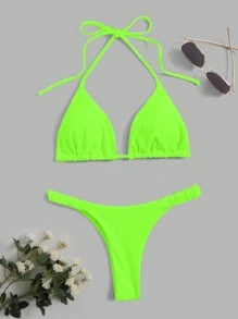 Swim Basics Summer Beach Solid Triangle Neon Halter Bikini Set Bathing Suit - Green - View 4
