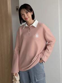 FRIFUL Letter Graphic Contrast Collar Drop Shoulder Polo Neck Tee - Pink - View 5