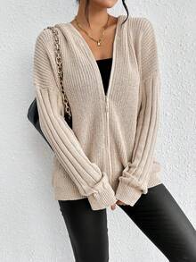 SHEIN Essnce Dây kéo Thả vai áo có mũ Áo len Mở - Màu be - Xem 5