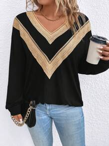 SHEIN LUNE Plus Contrast Guipure Lace Drop Shoulder Sweatshirt Pullover Fall Sweatshirt - Black - View 6