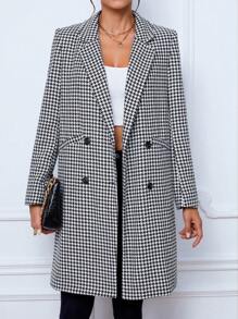 SHEIN Tall Houndstooth Print Double Breasted Overcoat - Multicolor - View 4