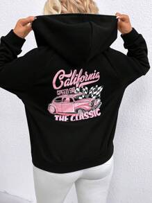 SHEIN Unity 加大码汽车字母图案插肩袖拉链卫衣 - 黑色 - 查看 1