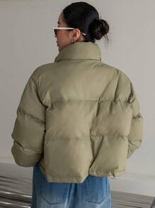 DAZY Letter Graphic Zip Up Padded Thick Pockets Coat, Women Winter Coat - Green - View 2