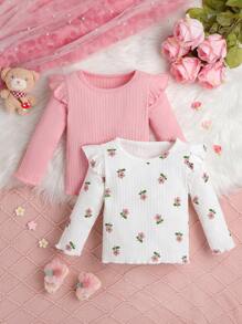 Chicas Bebé 2 piezas Camiseta con estampado floral ribete con fruncido tejida de canalé - Multicolor - Ver 1