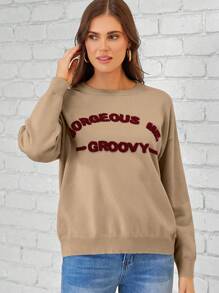 EMERY ROSE Pullover mit Buchstabe Muster, Drop Shoulder - Khaki - Übersicht 5