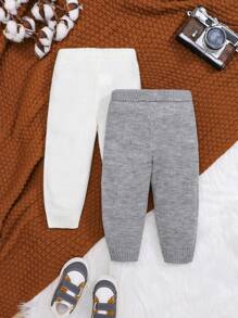 SHEIN 男嬰2入組素色條紋針織長褲 - 彩色 - 查看 2