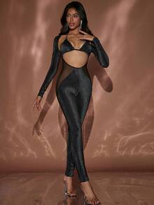 Glitter Cut Out Front Mesh Insert Unitard Jumpsuit - Black - View 3