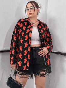 Flirla 大碼萬聖節滿版印花前紐扣襯衫 - 黑色 - 查看 4