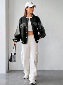 SHEIN EZwear Đồ họa Chữ cái Sọc trang trí Thả vai Áo khoác Không có Áo ba lỗ - màu đen - Xem 6