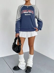 SHEIN Qutie Đồ họa Chữ cái Tay Raglan Áo nỉ - Nhiều màu - Xem 3