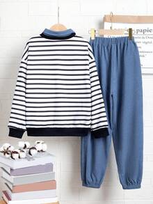 SHEIN Chico preadolescente Pantalones deportivos con sudadera de rayas de cuello en contraste - Multicolor - Ver 2