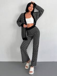 RueChic Geo Pattern Drop Shoulder Cardigan & Knit Pants - Black and White - View 3