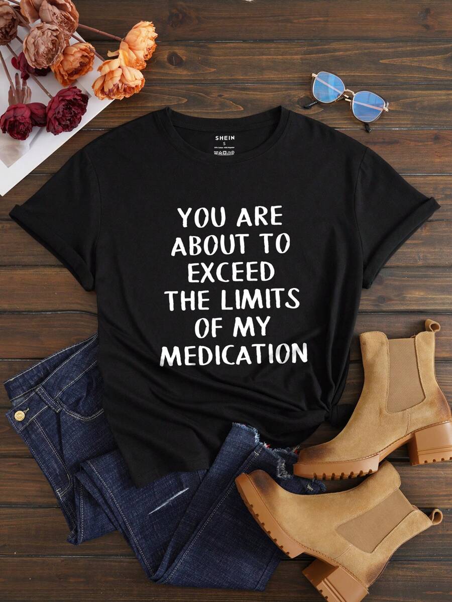 SHEIN EZwear 標語圖案T恤 - 黑色 - 查看 1