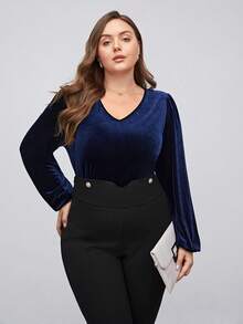 BizChic Plus V Neck Lantern Sleeve Velvet Tee - Navy Blue - View 9
