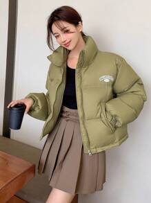 DAZY Letter Graphic Zip Up Padded Thick Pockets Coat, Women Winter Coat - Green - View 11