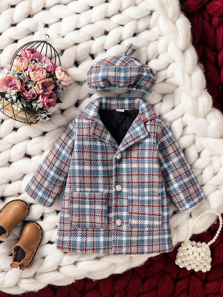 Baby Girl Plaid Dual Pocket Coat & Hat