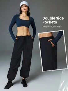 GLOWMODE Woven All-Day Low-Rise Drawstring Pocket Parachute Pants - Black - View 5