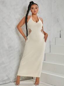 Flirla Plus Tie Backless Halter Sweater Dress - Apricot - View 1