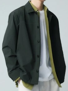Manfinity Hypemode Loose Fit Men's Solid Color Button Front Jacket - Green - View 3