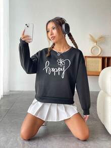 SHEIN EZwear 字母圖案落肩袖運動衫 - 黑色 - 查看 3