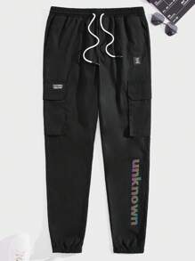 Manfinity VCAY 男士字母圖案翻蓋口袋腰部抽繩工裝褲 - 黑色 - 查看 1
