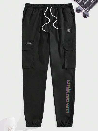 Manfinity VCAY 男士字母圖案翻蓋口袋腰部抽繩工裝褲